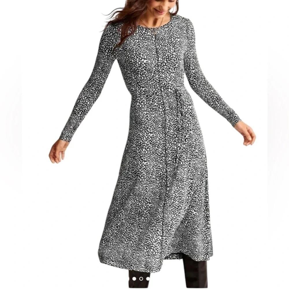 Boden Lucy Jersey Tie Waist EcoVero Jersey Midi Dress Long Sleeve Black NWT 12L